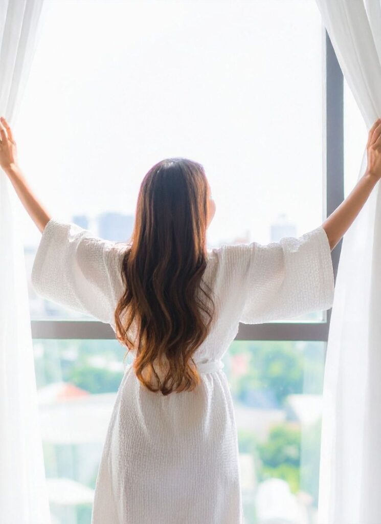 a lady opening her window curtains