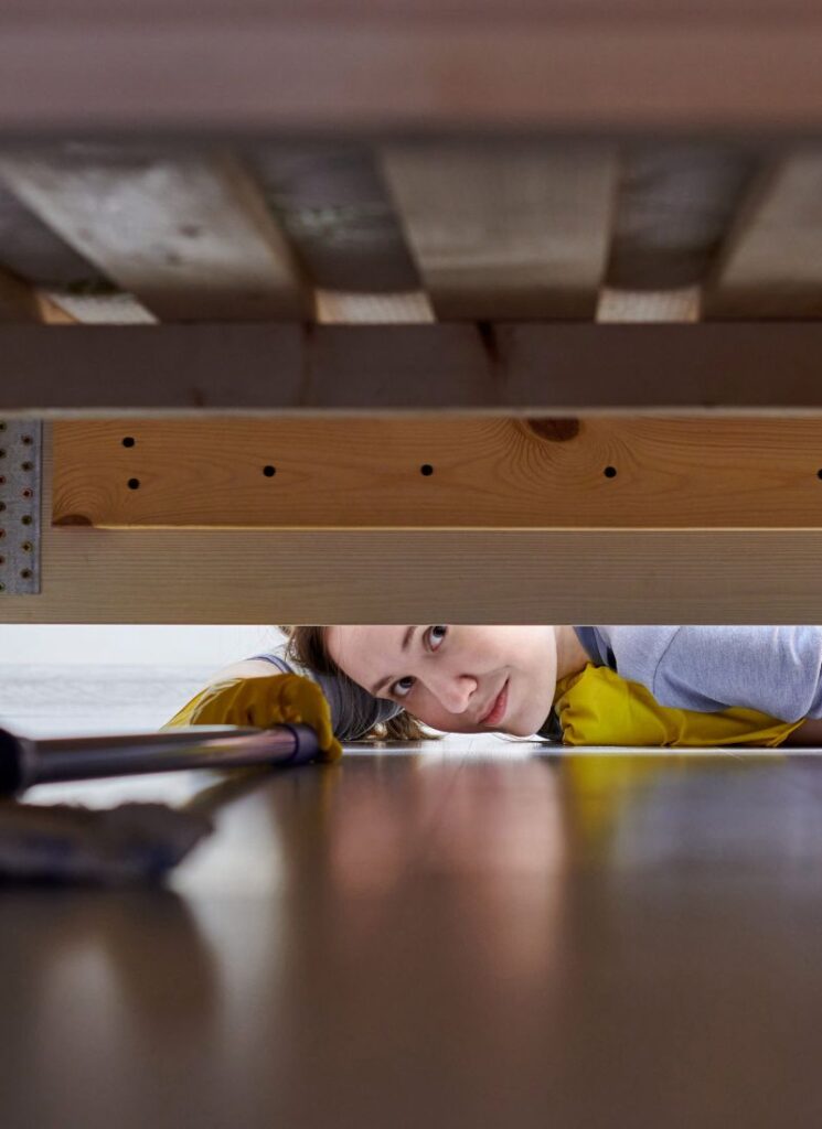 a lady cleaning under the bed