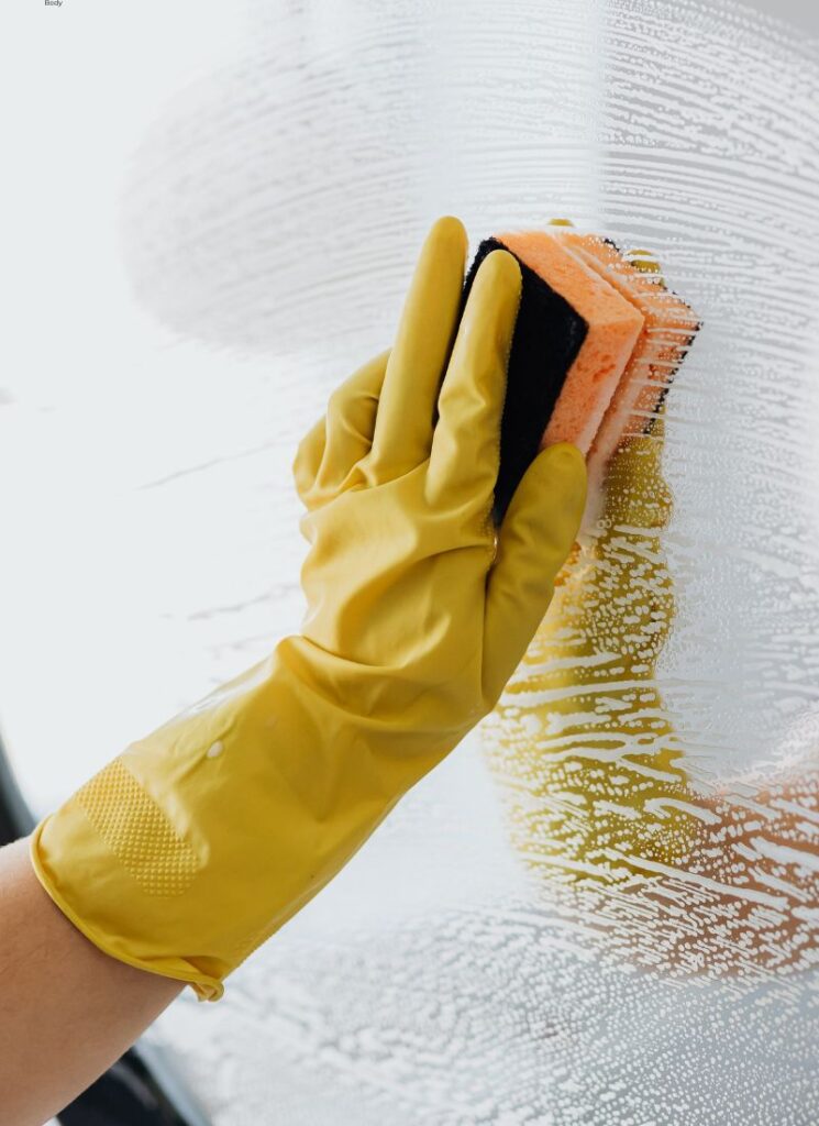 a lady cleaning glass with vinegar