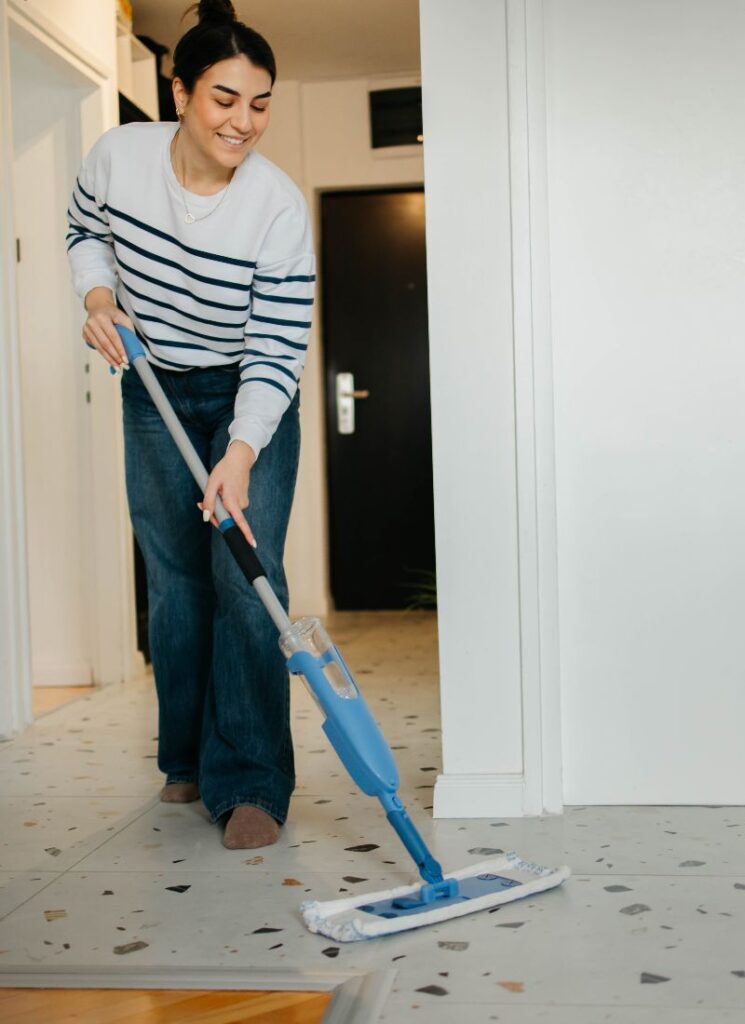 a lady cleaning at night